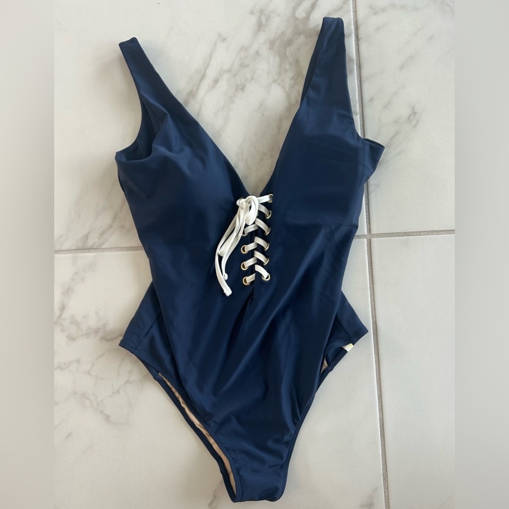 summersalt Navy One-Piece Swimsuit with White Lace-Up Front